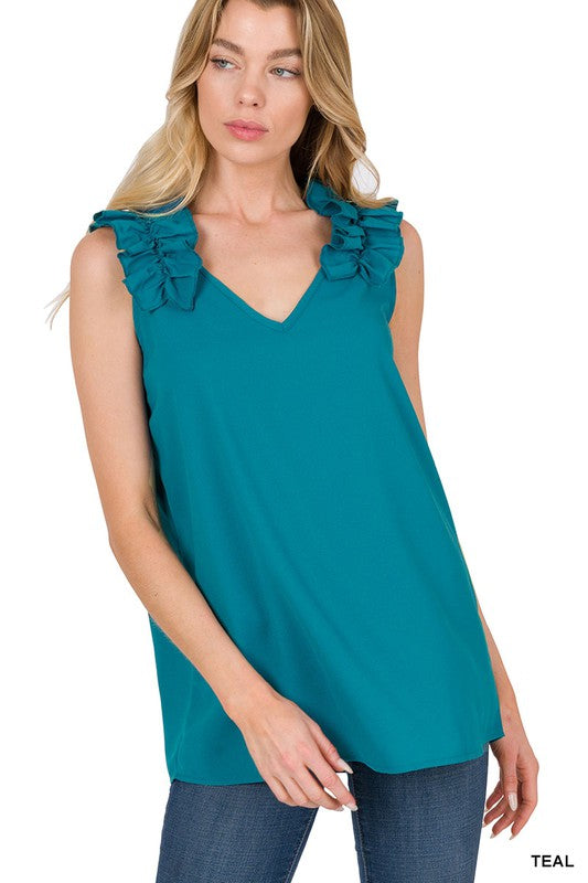 Woven Wool Dobby Ruffle Trim Sleeveless Top - Zenana