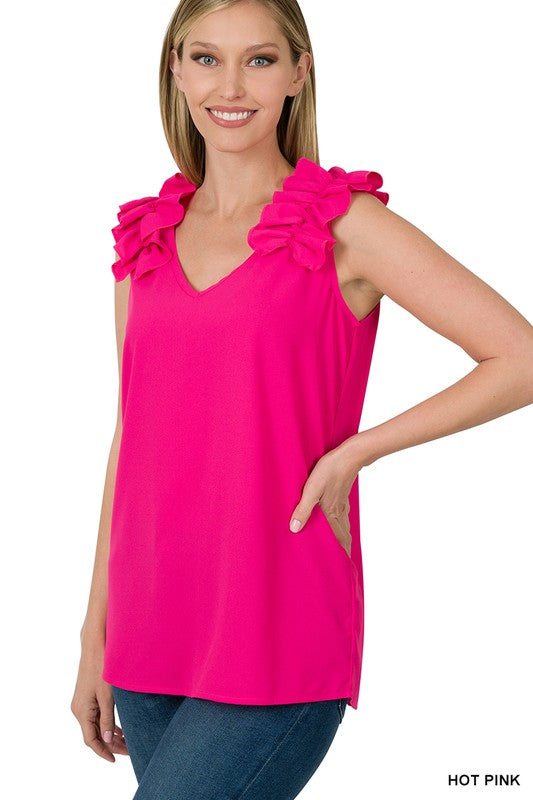 Woven Wool Dobby Ruffle Trim Sleeveless Top - Zenana