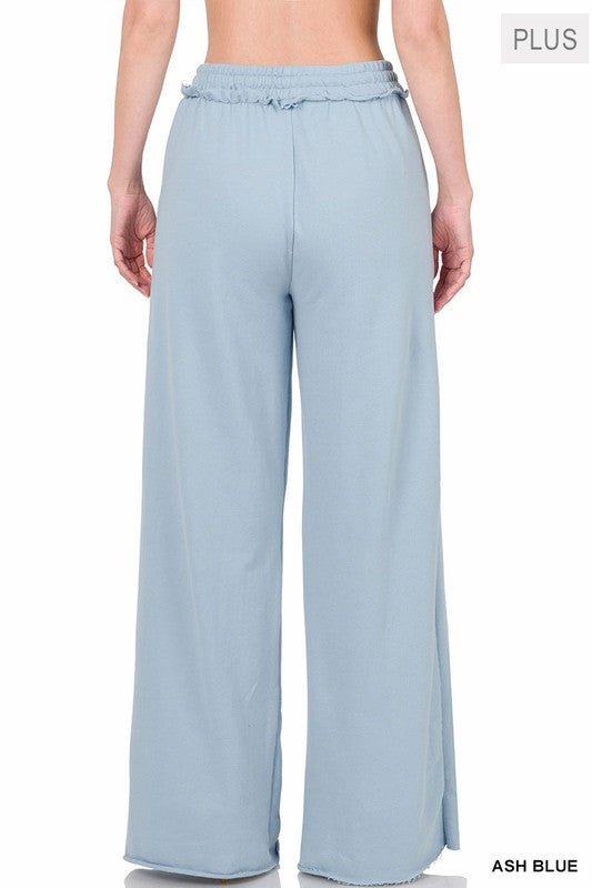 Plus F/Terry Drawstring Waist Raw Edge Hem Pants - Zenana