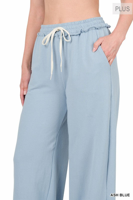 Plus F/Terry Drawstring Waist Raw Edge Hem Pants - Zenana