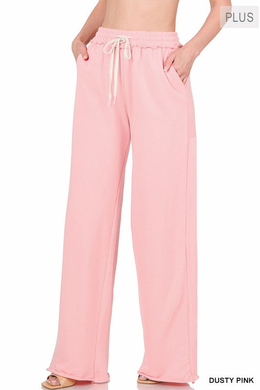 Plus F/Terry Drawstring Waist Raw Edge Hem Pants - Zenana