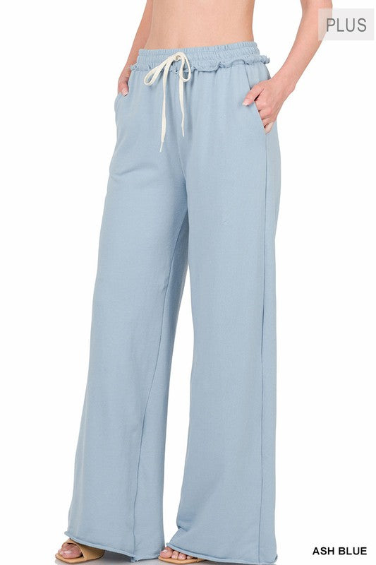Plus F/Terry Drawstring Waist Raw Edge Hem Pants - Zenana