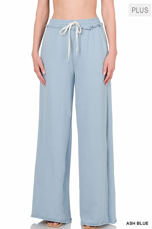 Plus F/Terry Drawstring Waist Raw Edge Hem Pants - Zenana