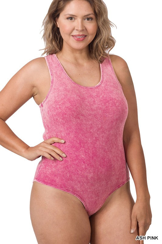 Acid Washed Racerback Tank Bodysuit - Zenana