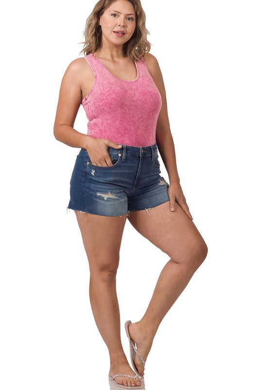 Acid Washed Racerback Tank Bodysuit - Zenana