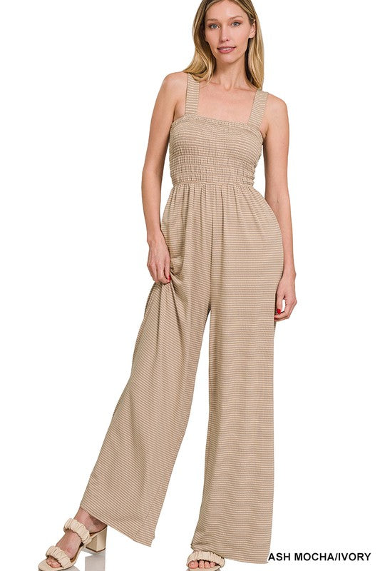 Smocked Top Striped Jumpsuit - Zenana