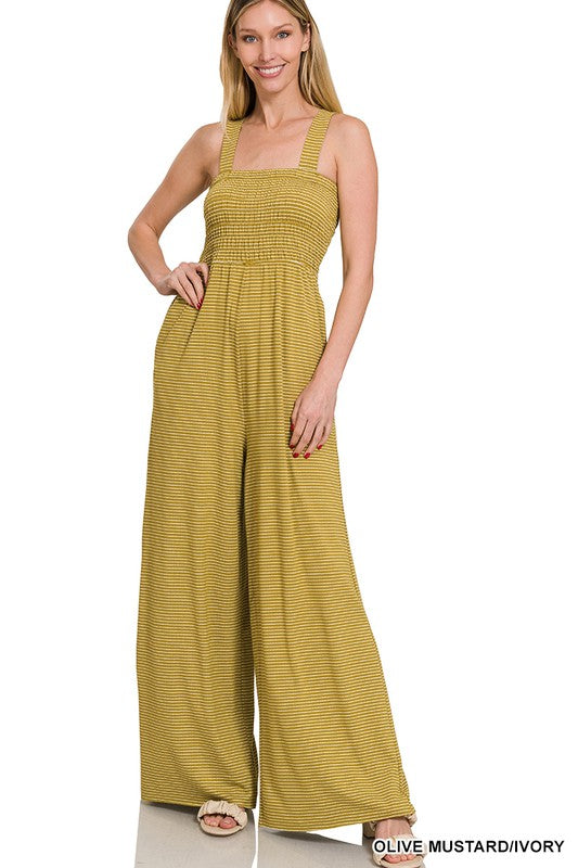 Smocked Top Striped Jumpsuit - Zenana