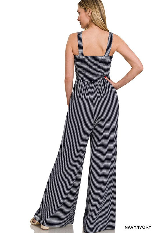 Smocked Top Striped Jumpsuit - Zenana