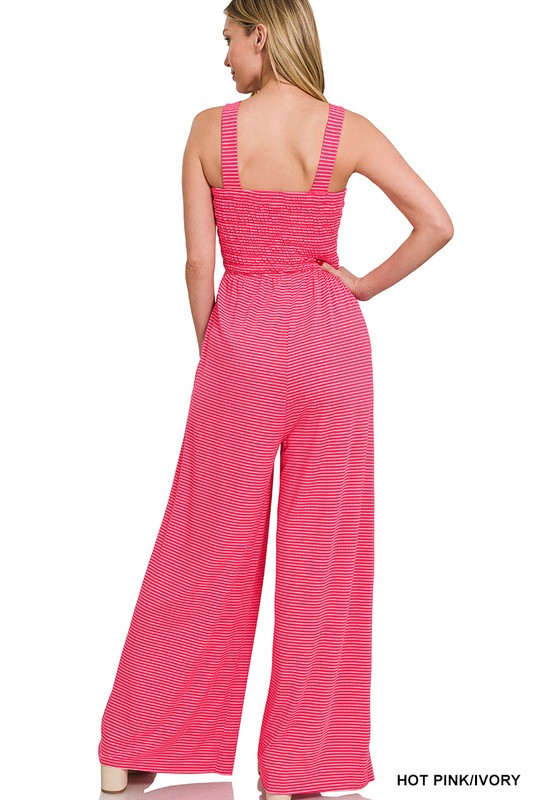 Smocked Top Striped Jumpsuit - Zenana