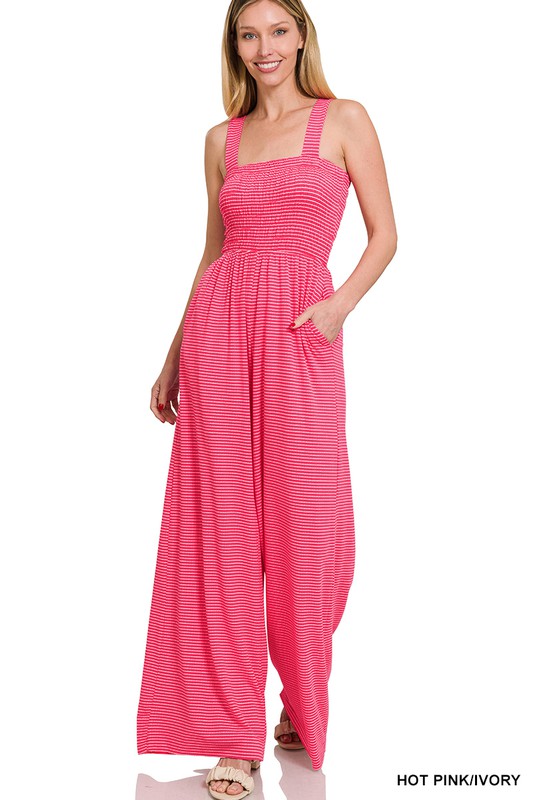 Smocked Top Striped Jumpsuit - Zenana