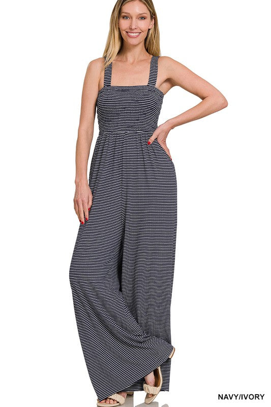 Smocked Top Striped Jumpsuit - Zenana