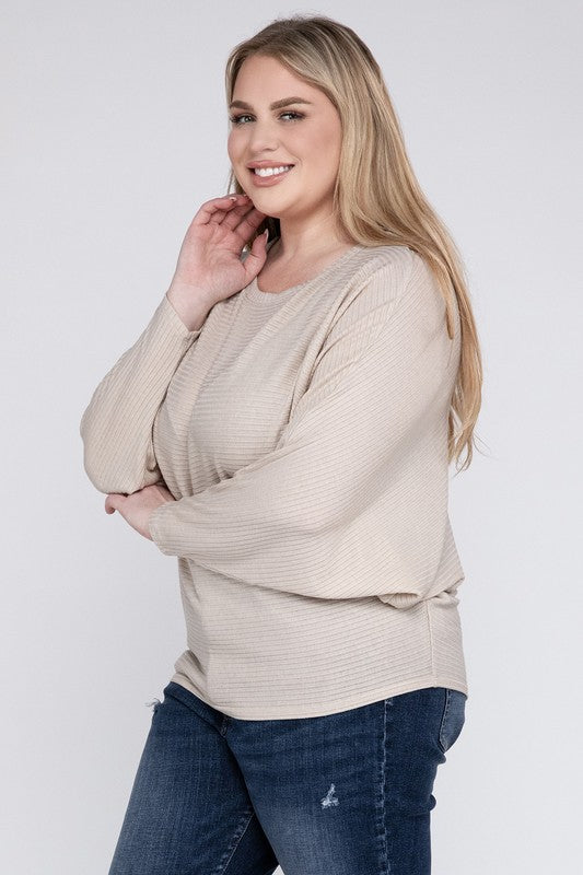 Plus Ribbed Batwing Long Sleeve Boat Neck Sweater - Zenana