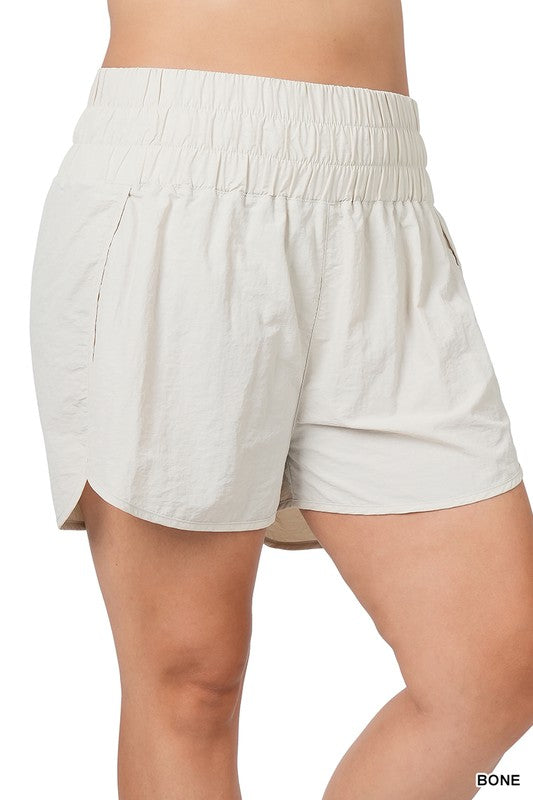 Plus Windbreaker Smocked Waistband Running Shorts - Zenana