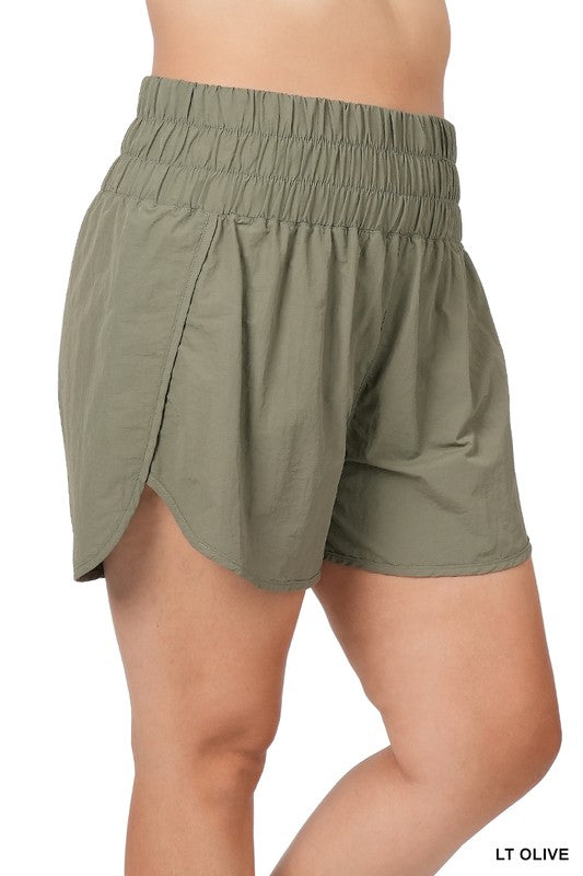 Plus Windbreaker Smocked Waistband Running Shorts - Zenana