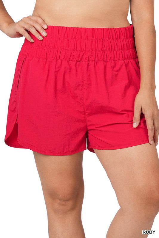 Plus Windbreaker Smocked Waistband Running Shorts - Zenana