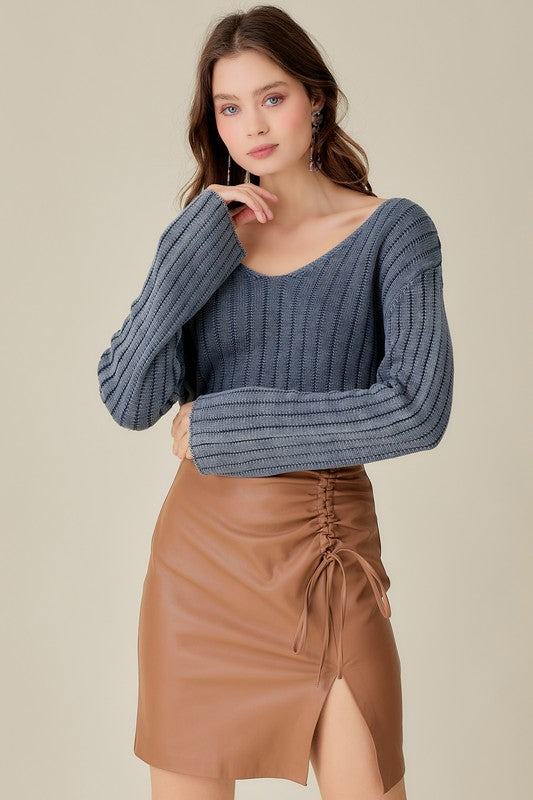 V-Neck Washed Crop Sweater - Mustard Seed