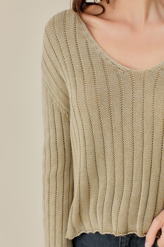 V-Neck Washed Crop Sweater - Mustard Seed