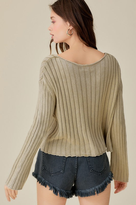 V-Neck Washed Crop Sweater - Mustard Seed