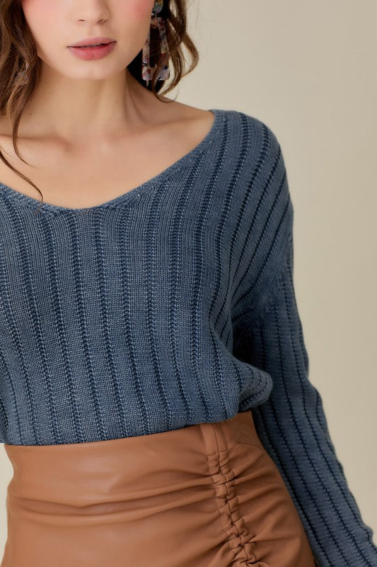 V-Neck Washed Crop Sweater - Mustard Seed