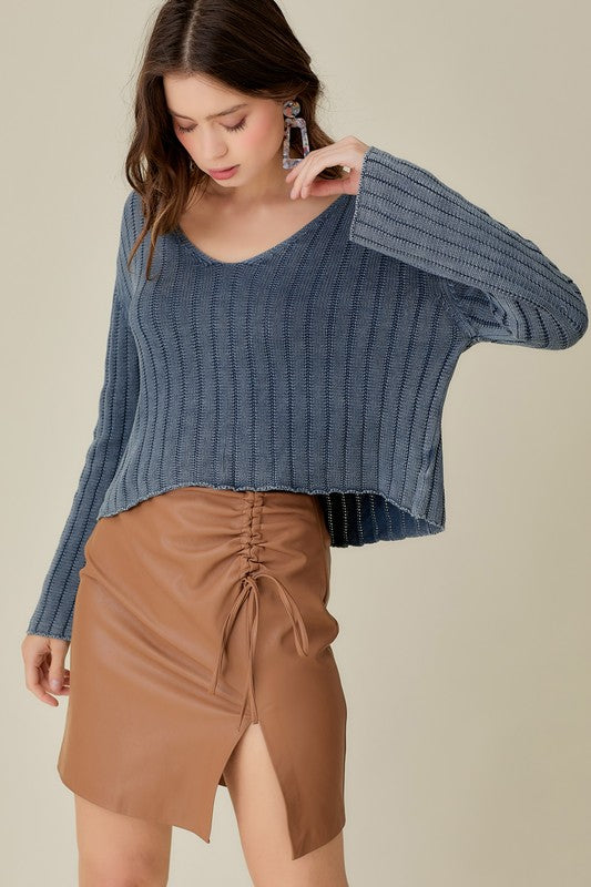 V-Neck Washed Crop Sweater - Mustard Seed