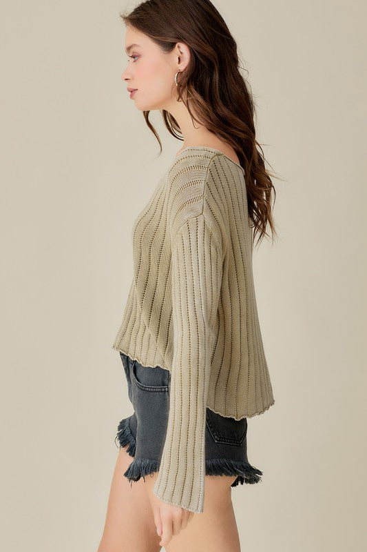 V-Neck Washed Crop Sweater - Mustard Seed