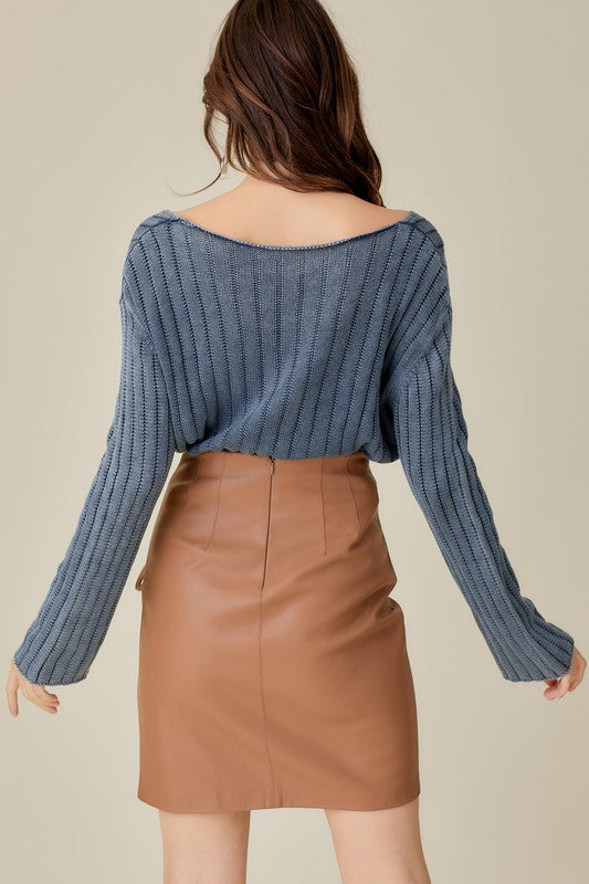 V-Neck Washed Crop Sweater - Mustard Seed