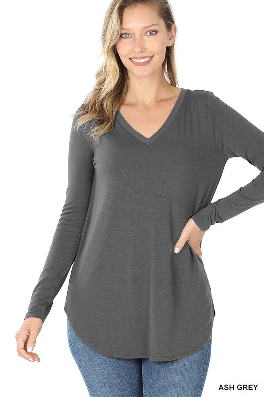 Long Sleeve V-Neck Round Hem Top - Zenana