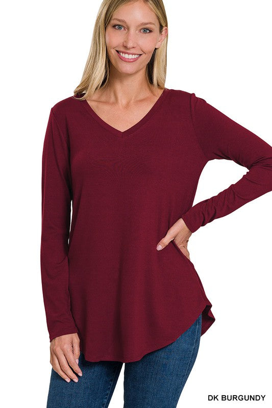 Long Sleeve V-Neck Round Hem Top - Zenana