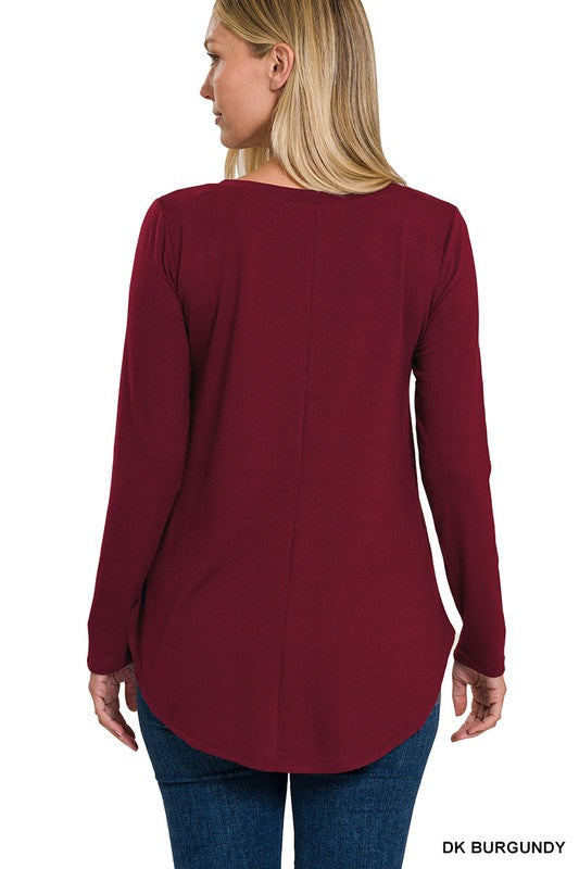 Long Sleeve V-Neck Round Hem Top - Zenana