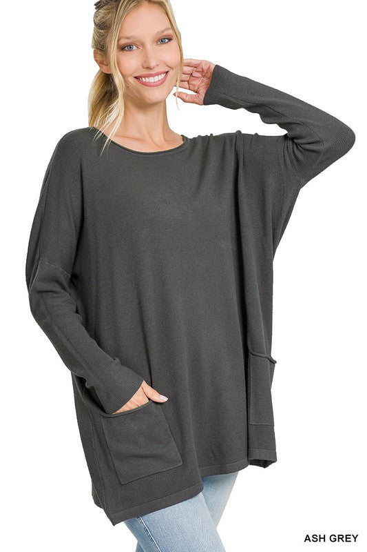 Oversized Front Pocket Sweater - Zenana