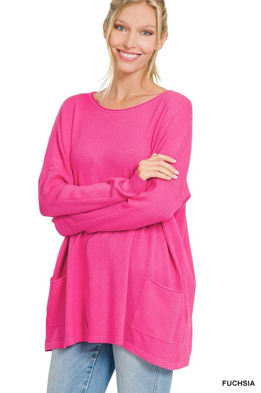 Oversized Front Pocket Sweater - Zenana