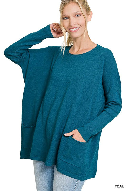 Oversized Front Pocket Sweater - Zenana