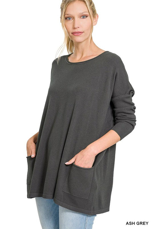 Oversized Front Pocket Sweater - Zenana