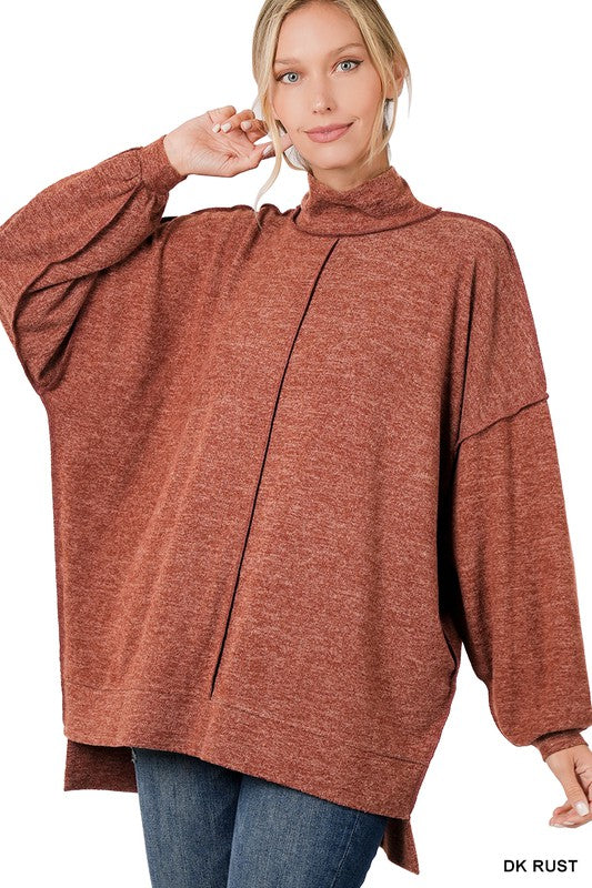 Brushed Melange Hacci Mock Neck Sweater - Zenana