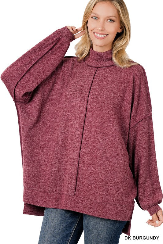 Brushed Melange Hacci Mock Neck Sweater - Zenana