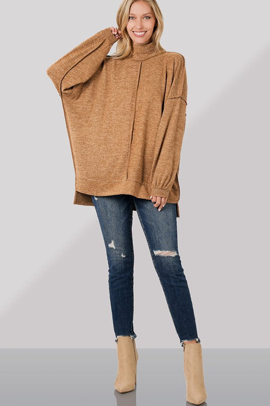 Brushed Melange Hacci Mock Neck Sweater - Zenana
