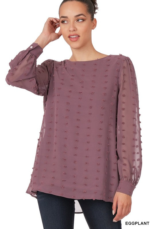 Swiss Dot Round Neck Blouse - Zenana