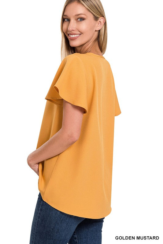 Woven Flutter Sleeve V-Neck Top - Zenana