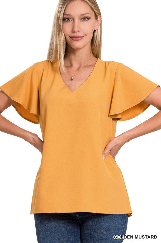 Woven Flutter Sleeve V-Neck Top - Zenana