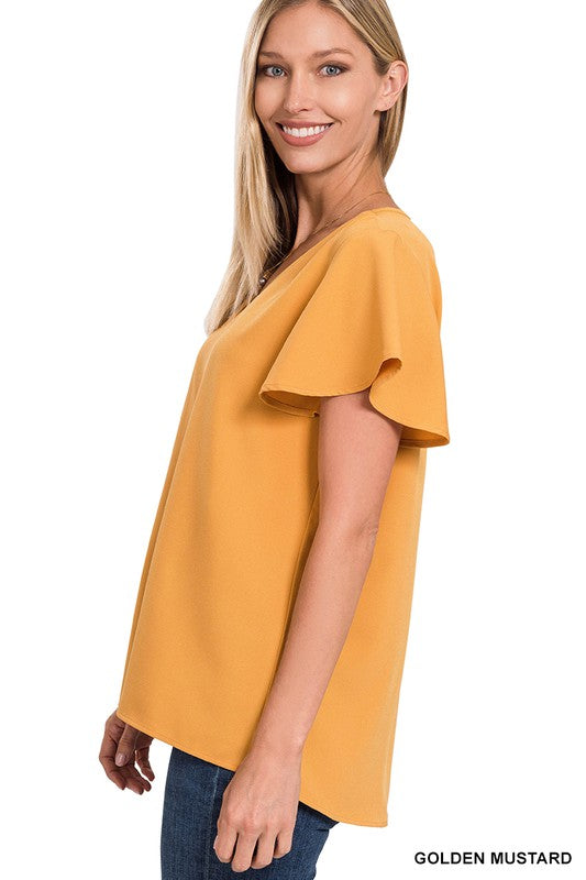 Woven Flutter Sleeve V-Neck Top - Zenana