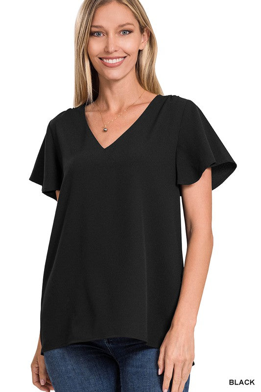 Woven Flutter Sleeve V-Neck Top - Zenana