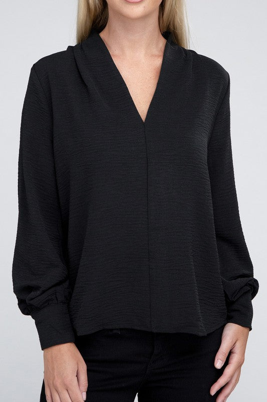 Woven Airflow V-Neck Long Sleeve Top - Zenana