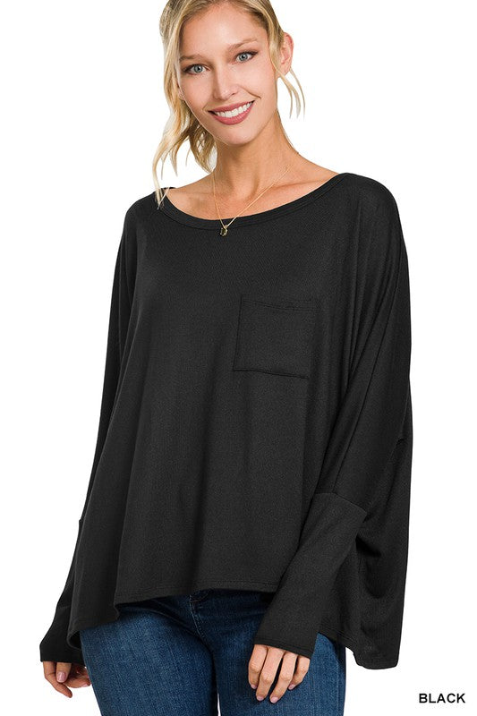 Dolman Sleeve Round Neck Top with Front Pocket - Zenana