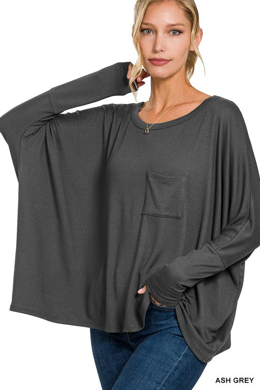 Dolman Sleeve Round Neck Top with Front Pocket - Zenana