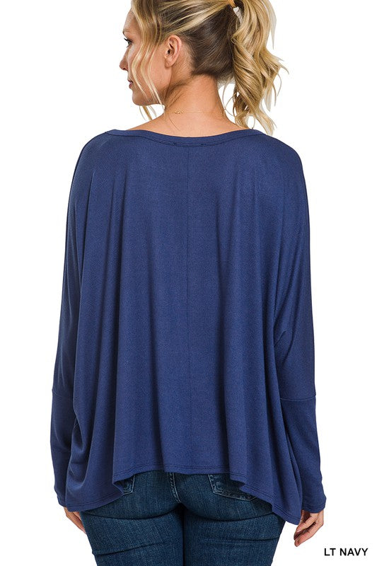 Dolman Sleeve Round Neck Top with Front Pocket - Zenana