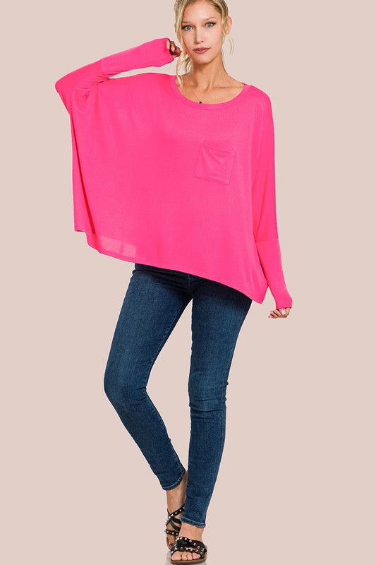 Dolman Sleeve Round Neck Top with Front Pocket - Zenana