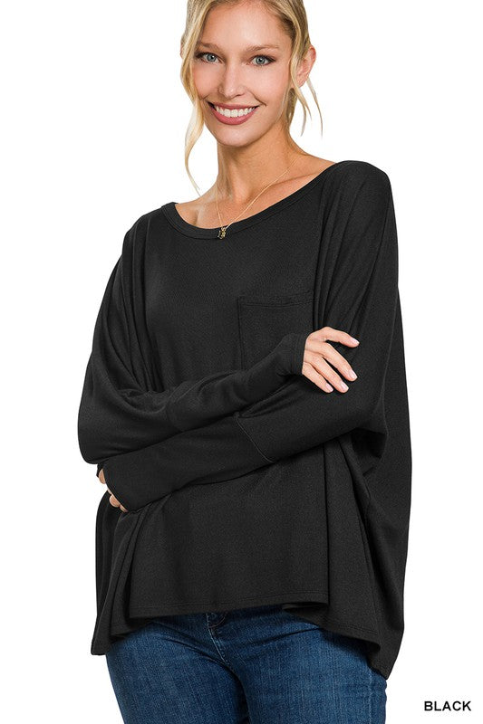 Dolman Sleeve Round Neck Top with Front Pocket - Zenana