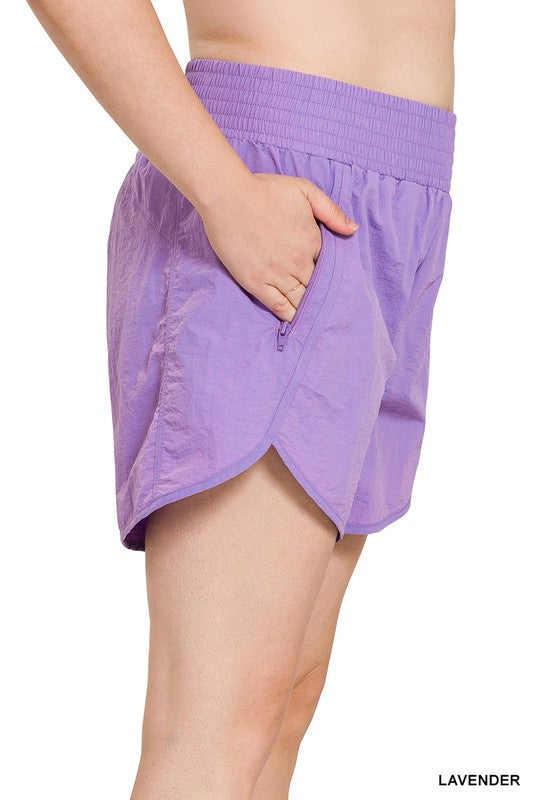 Plus Windbreaker Smocked Waistband Running Shorts - Zenana