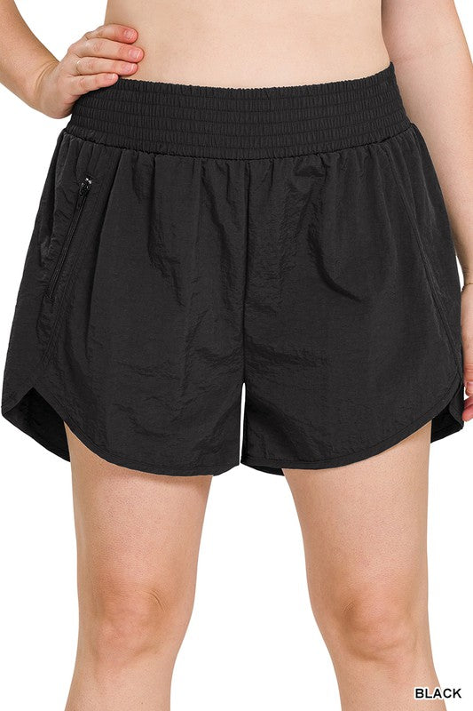 Plus Windbreaker Smocked Waistband Running Shorts - Zenana
