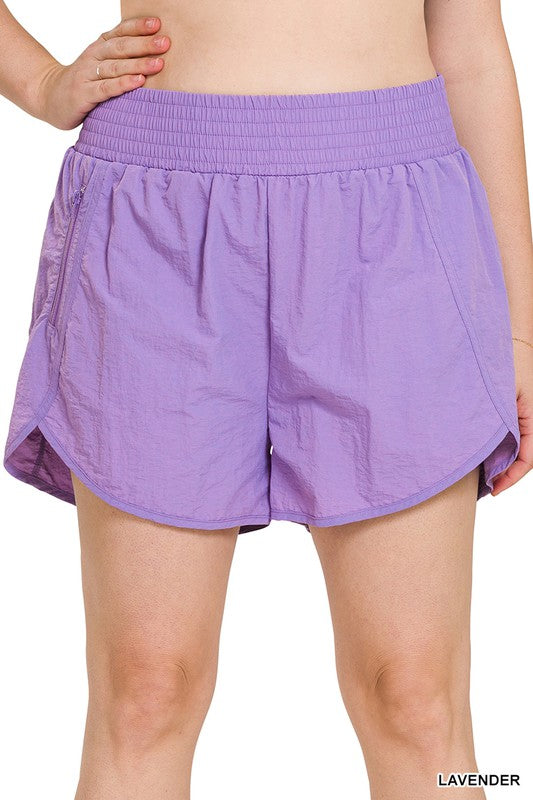 Plus Windbreaker Smocked Waistband Running Shorts - Zenana